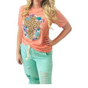 NEW SPIRIT TO A TEE floral leopard cross tee in peach